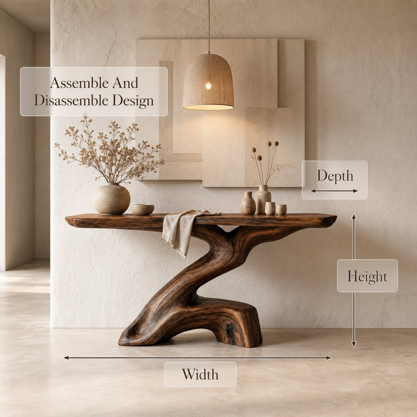 Rustic Console Table With Sculptural Tree Root Base And Solid Wood Top For Entryway And Living Room - product view 8