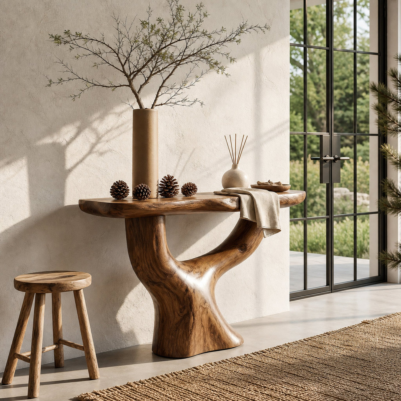 Rustic Console Table With Sculptural Tree Root Base For Entryway