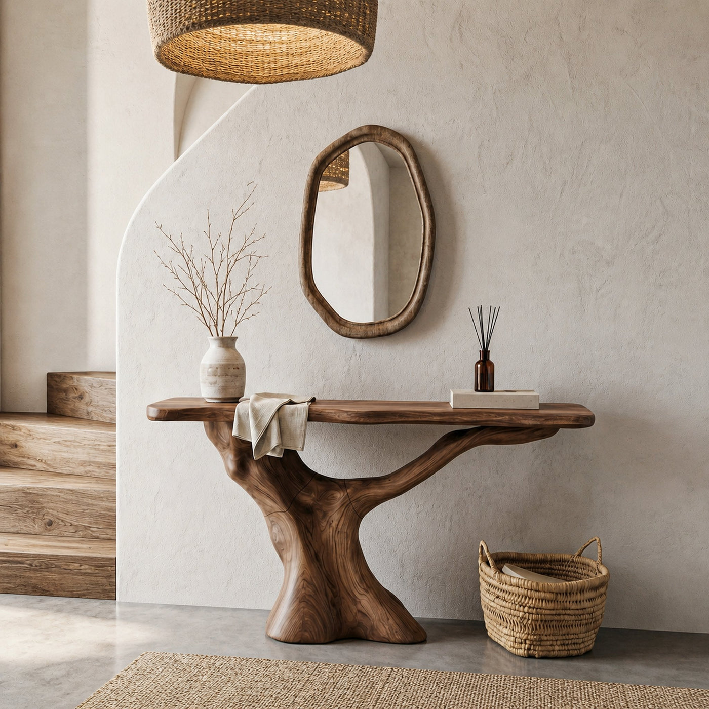 Rustic Console Table With Sculptural Wooden Base For Entryway