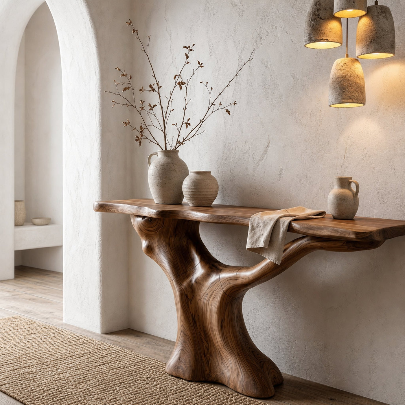 Rustic Console Table With Sculptural Wooden Base For Entryway - product view 2