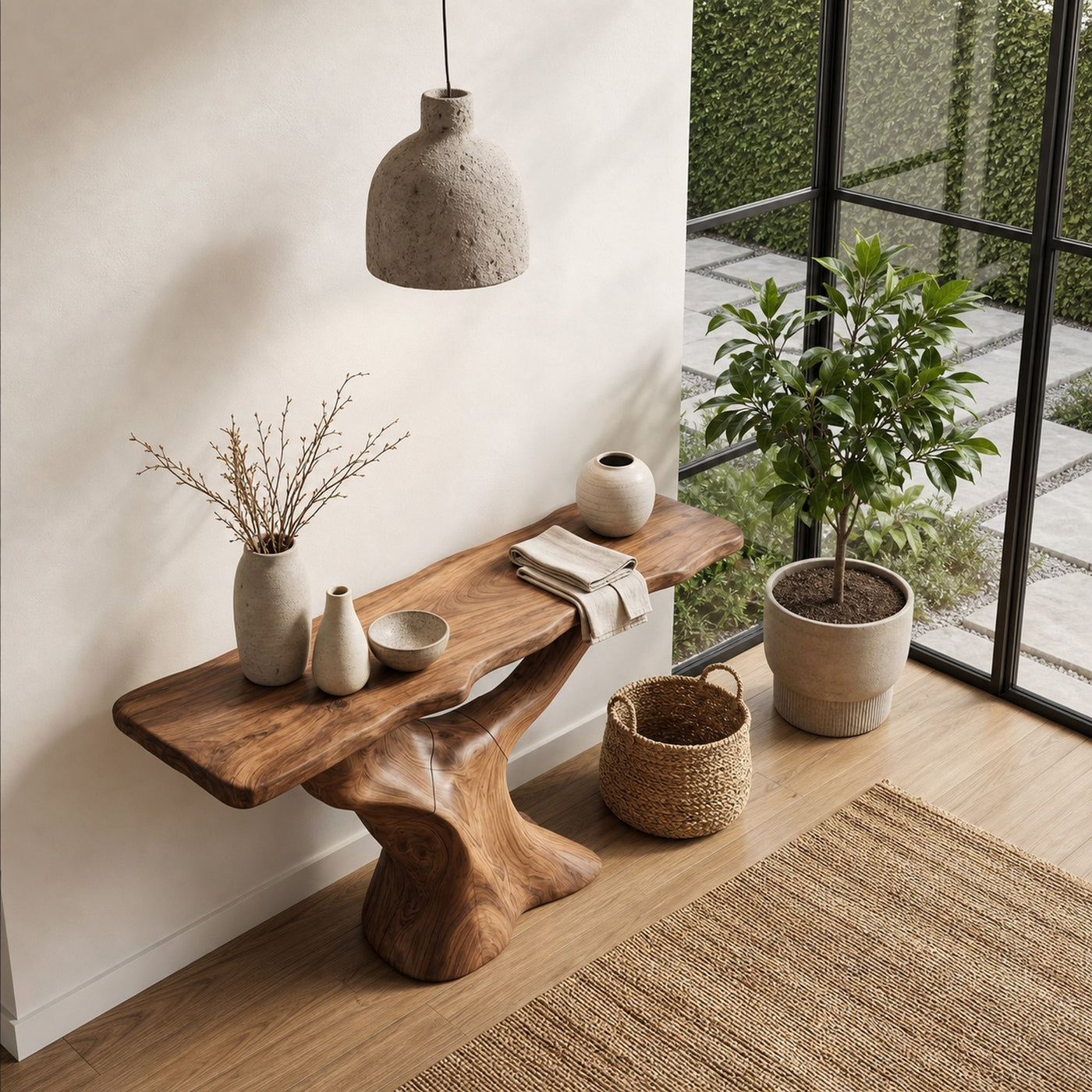 Rustic Console Table With Sculptural Wooden Base For Entryway - product view 3