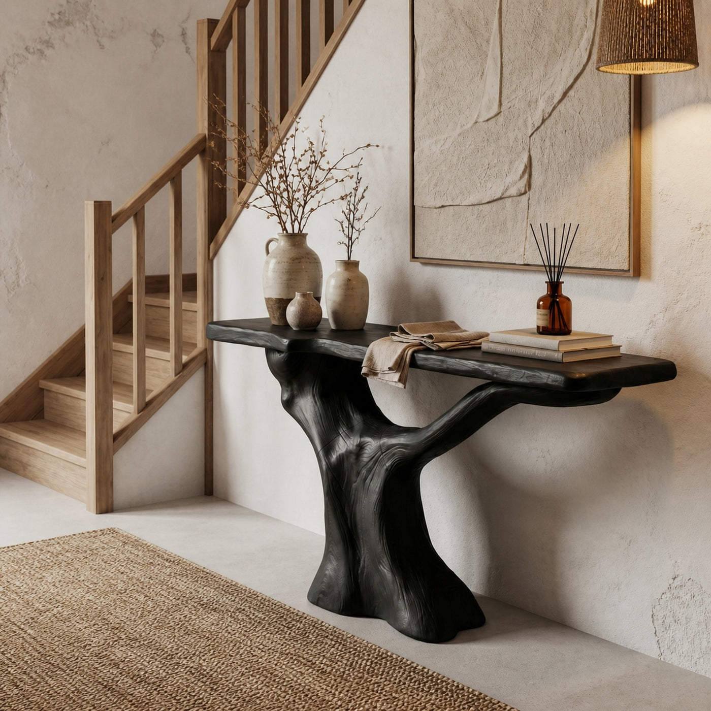 Rustic Console Table With Sculptural Wooden Base For Entryway - product view 4