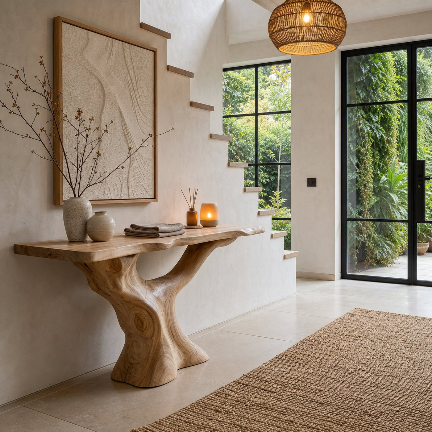 Rustic Console Table With Sculptural Wooden Base For Entryway - product view 5