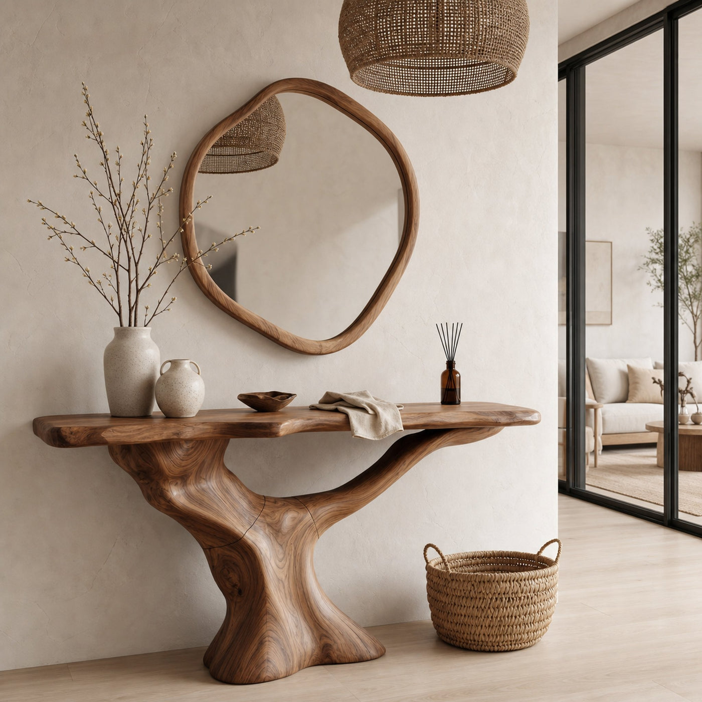 Rustic Console Table With Sculptural Wooden Base For Entryway - product view 6