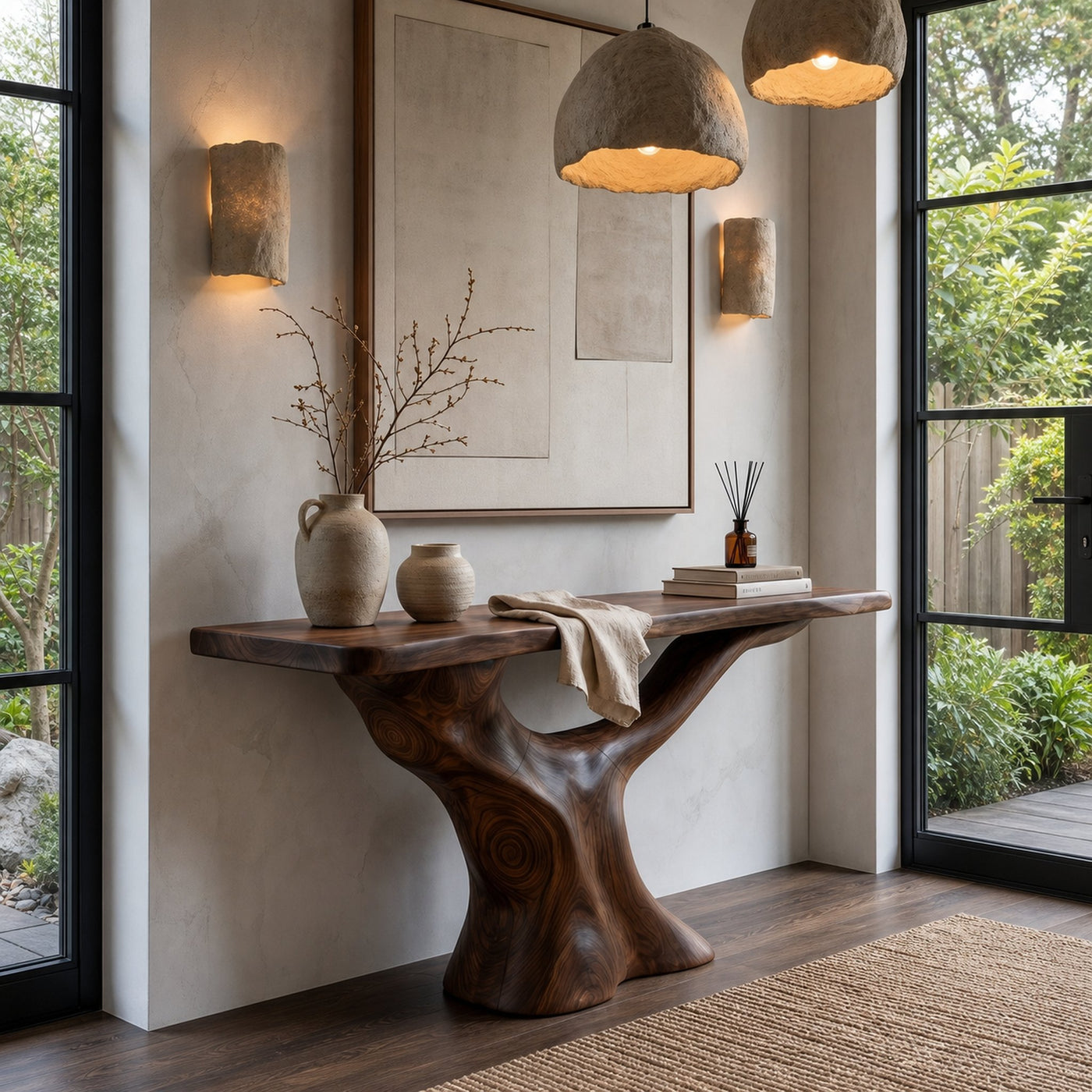 Rustic Console Table With Sculptural Wooden Base For Entryway - product view 7