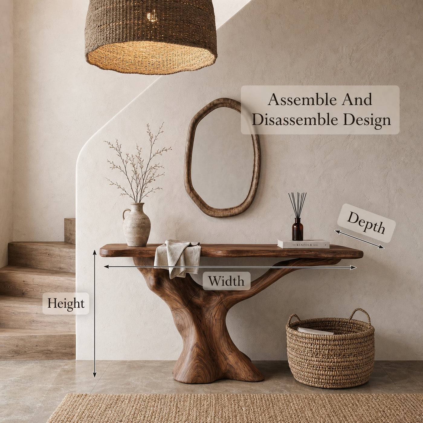 Rustic Console Table With Sculptural Wooden Base For Entryway - product view 8