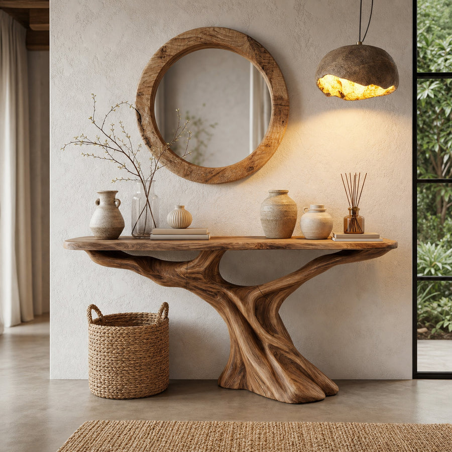 Rustic Console Table With Solid Wood Top And Root Structure For Living Room