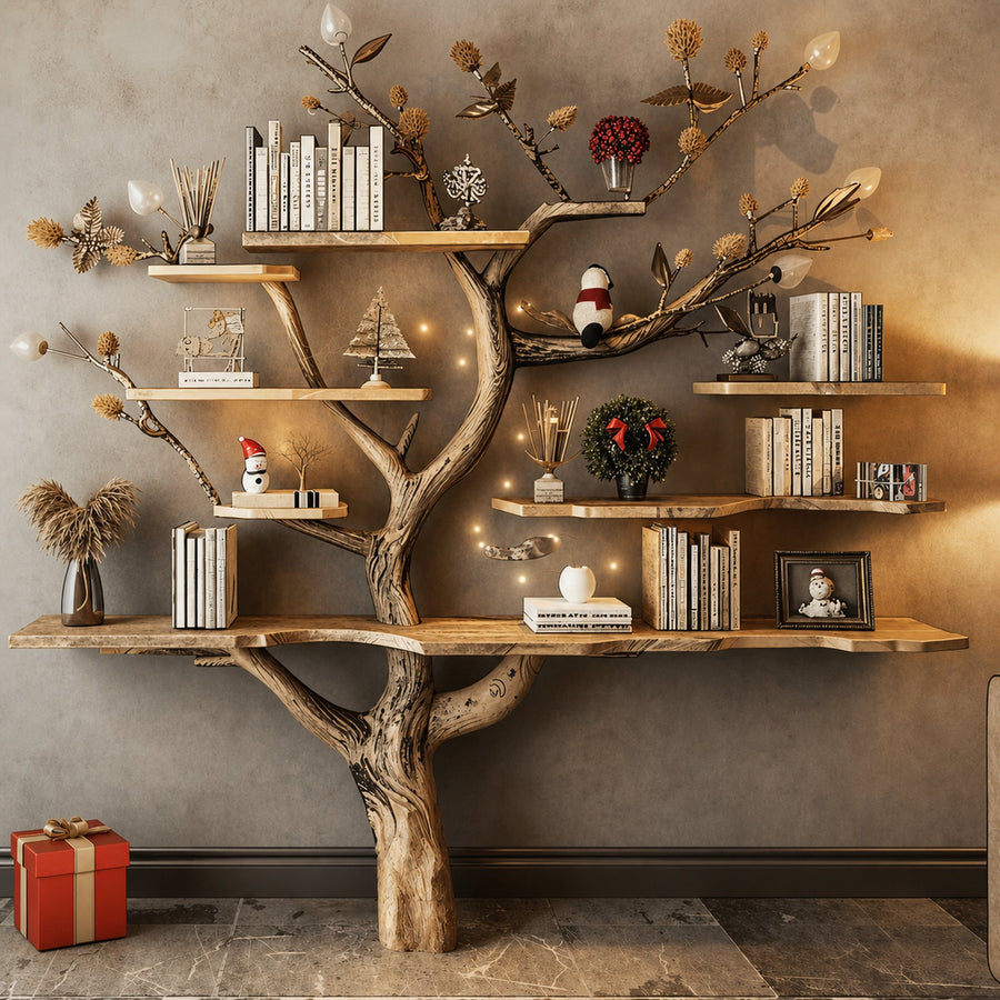 Rustic Console Table With Tree Branch Bookcase