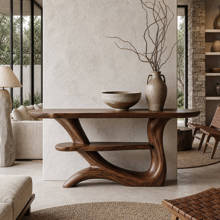 Rustic Console Table With Tree Inspired Solid Wood Base And Display Shelf