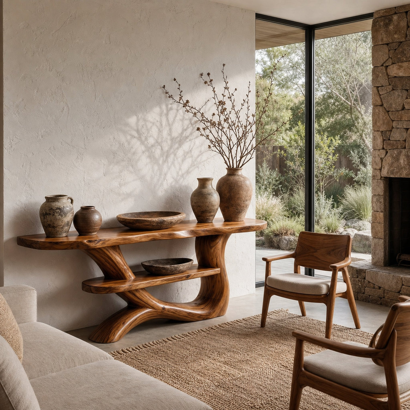 Rustic Console Table With Tree Inspired Solid Wood Base And Display Shelf - product view 6