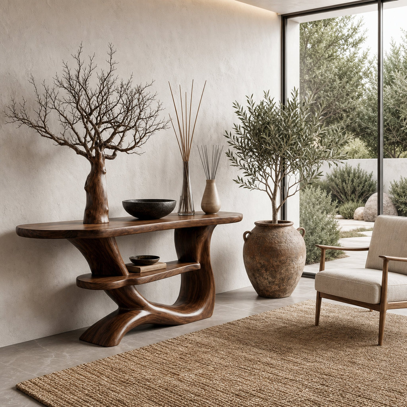 Rustic Console Table With Tree Inspired Solid Wood Base And Display Shelf - product view 7