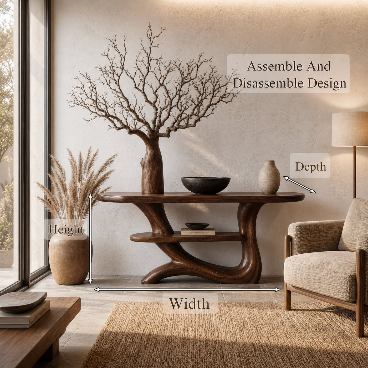 Rustic Console Table With Tree Inspired Solid Wood Base And Display Shelf - product view 8