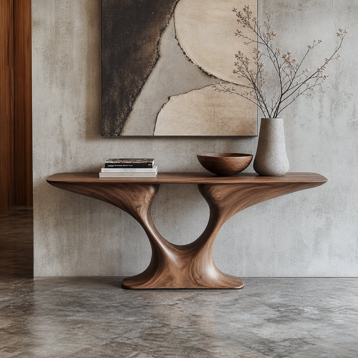 Rustic Entry Table Smooth Sculptural Form Luxury Welcome Area