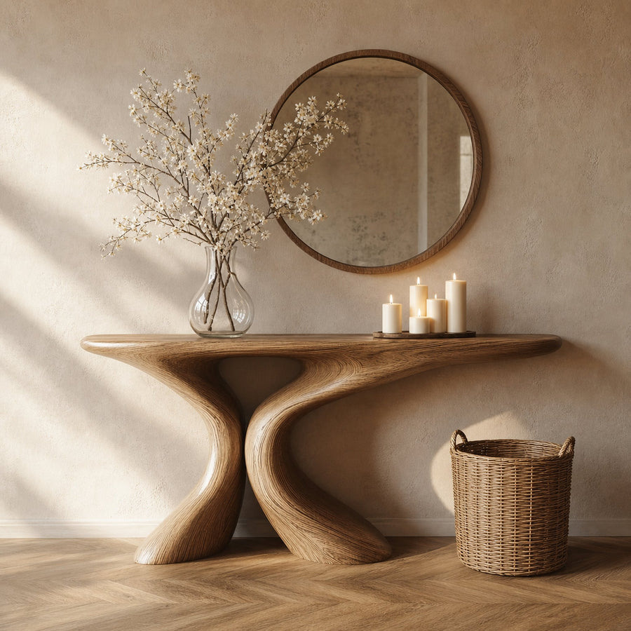 Rustic Entry Table Smooth Sculptural Form Luxury Welcome Area