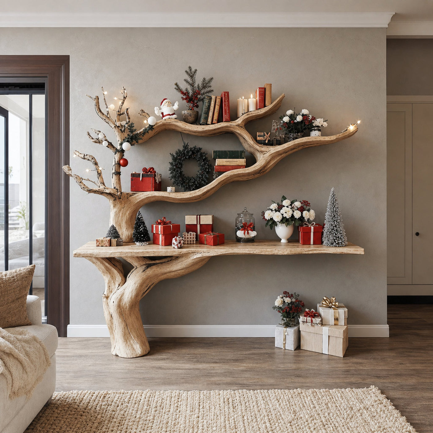 Rustic Entryway Console Table With Tree Bookshelves