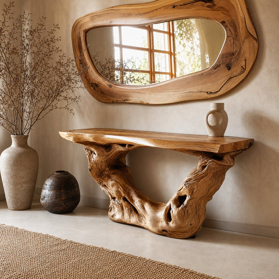 Rustic Foyer Table Wood Sculpture Slab Welcome Area