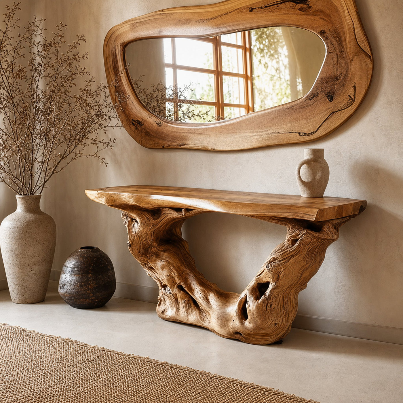 Rustic Foyer Table Wood Sculpture Slab Welcome Area