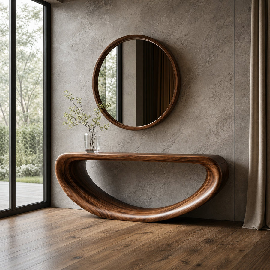 Rustic Handcrafted Curved Wooden Console Solid Wood Living Room Interior Feature Accent