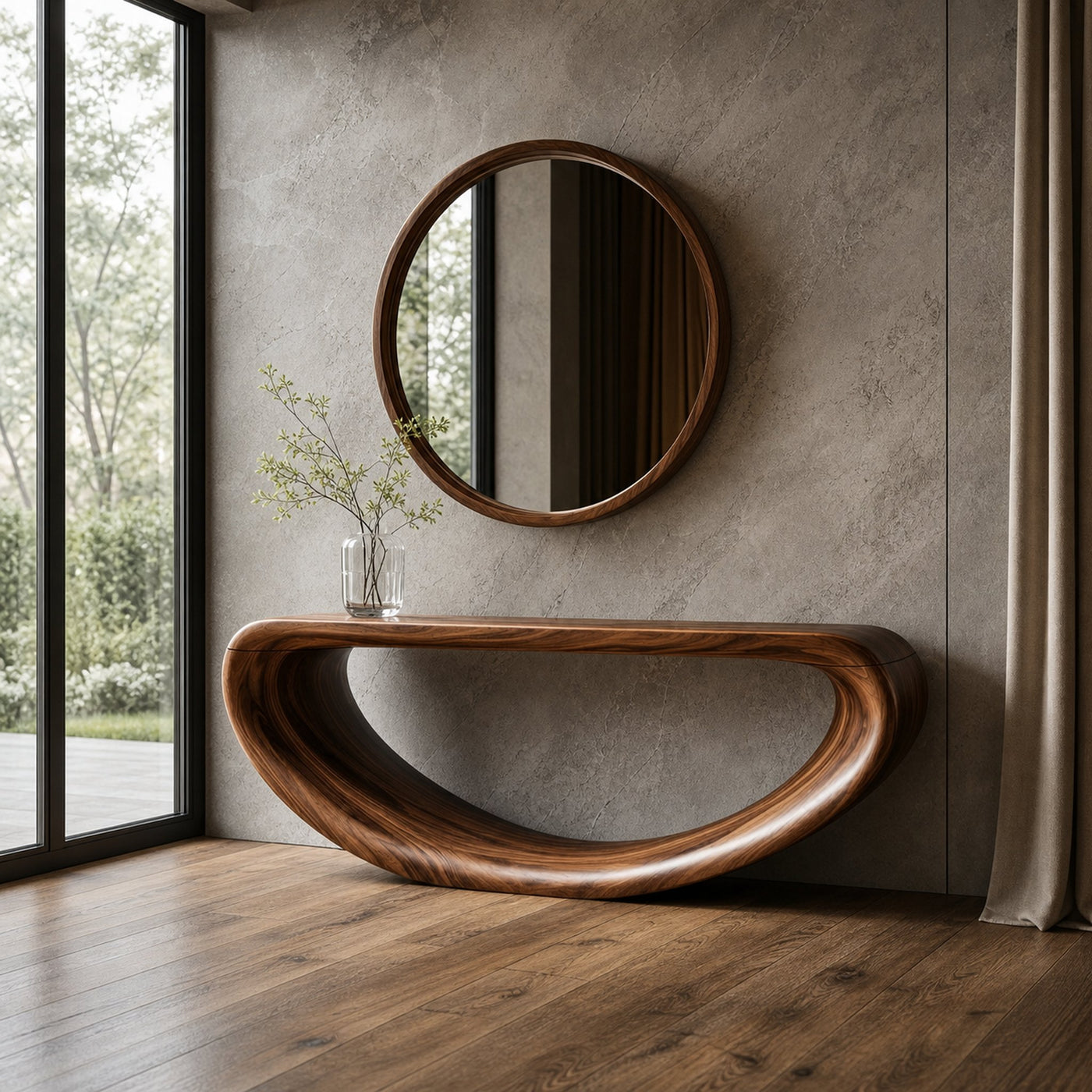 Rustic Handcrafted Curved Wooden Console Solid Wood Living Room Interior Feature Accent