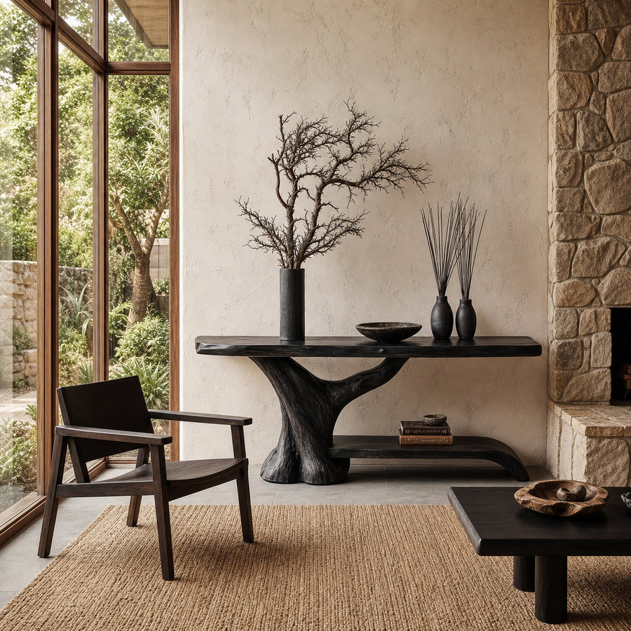 Rustic Live Edge Console Table With Natural Tree Form Base For Living Room