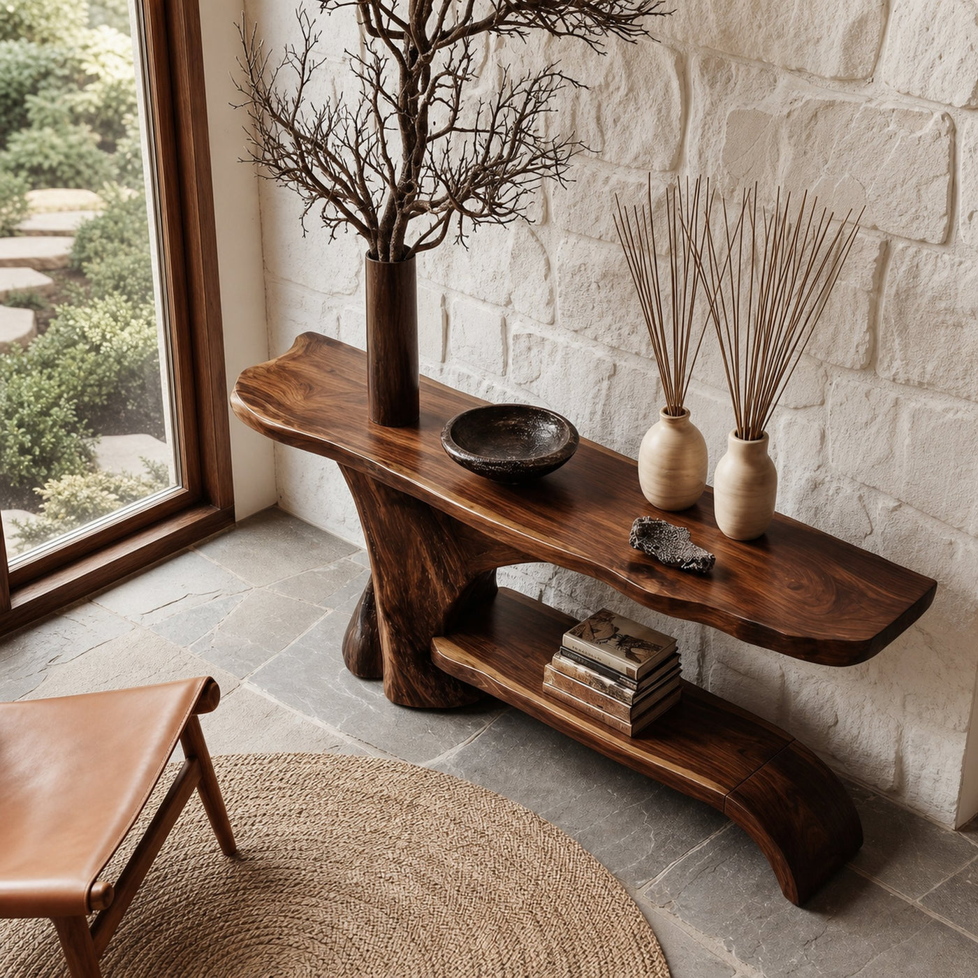 Rustic Live Edge Console Table With Natural Tree Form Base For Living Room - product view 6