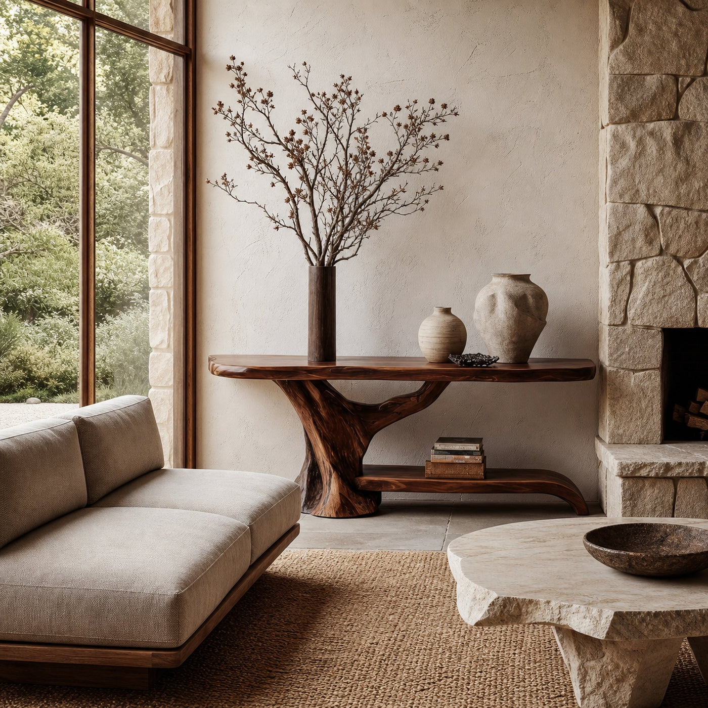 Rustic Live Edge Console Table With Natural Tree Form Base For Living Room - product view 7
