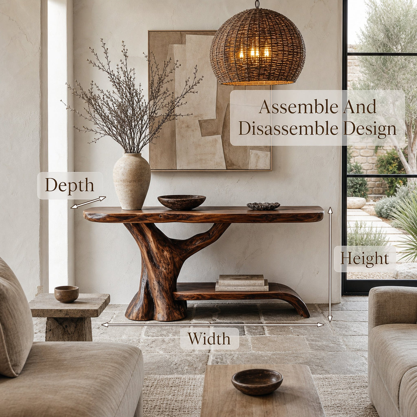 Rustic Live Edge Console Table With Natural Tree Form Base For Living Room - product view 8