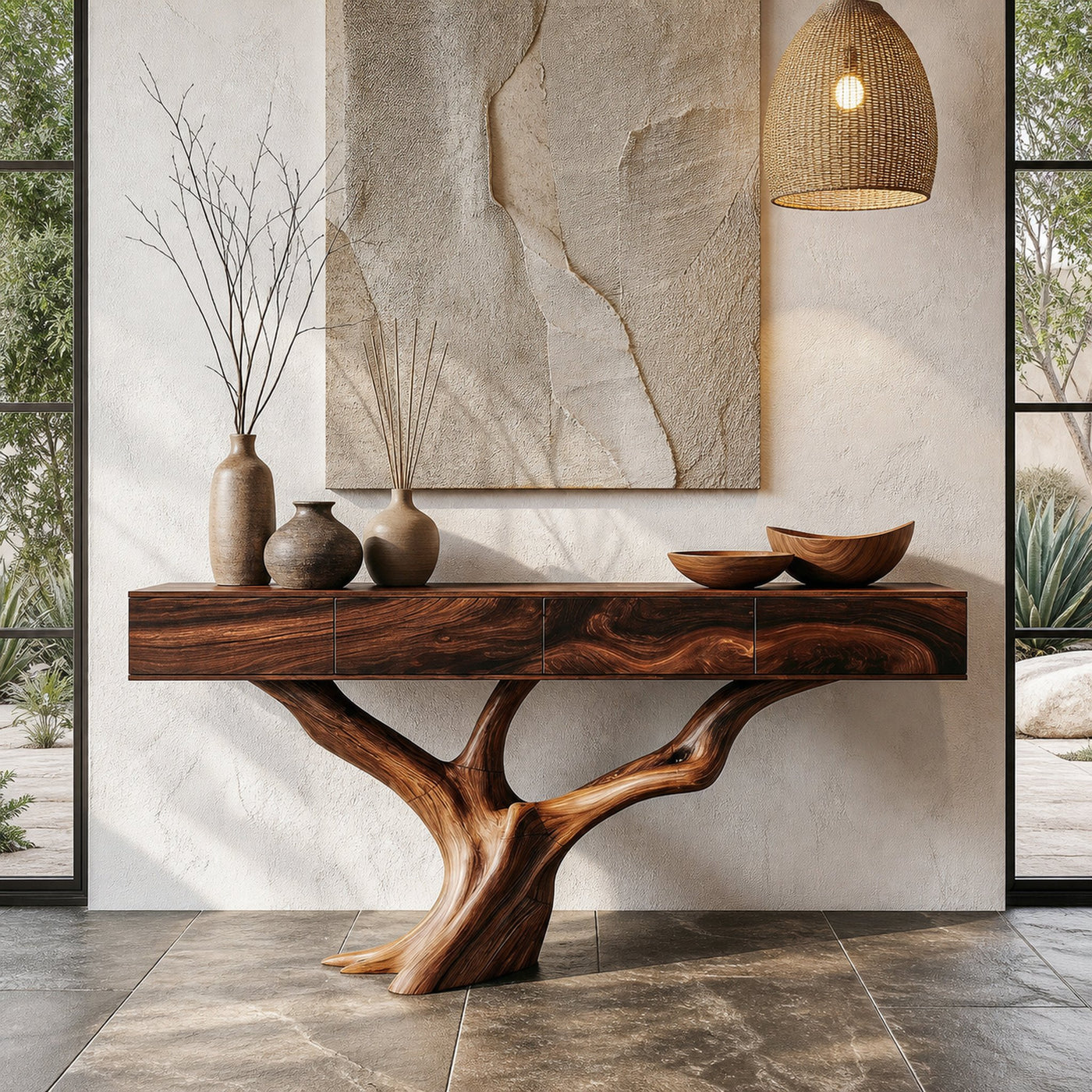 Rustic Live Edge Console Table With Sculptural Tree Branch Base For Entryway And Living Room