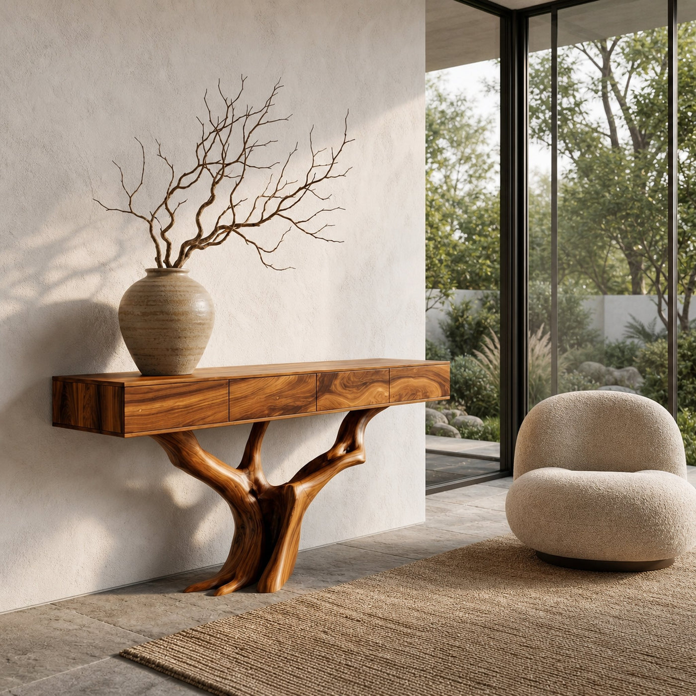 Rustic Live Edge Console Table With Sculptural Tree Branch Base For Entryway And Living Room - product view 6