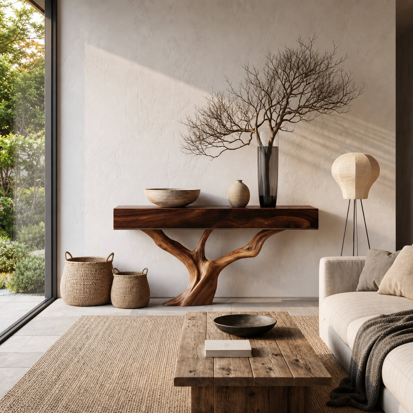Rustic Live Edge Console Table With Sculptural Tree Branch Base For Entryway And Living Room - product view 7