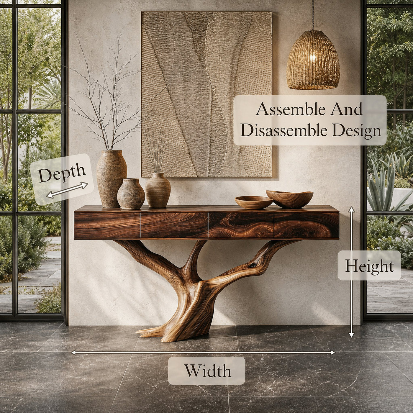 Rustic Live Edge Console Table With Sculptural Tree Branch Base For Entryway And Living Room - product view 8