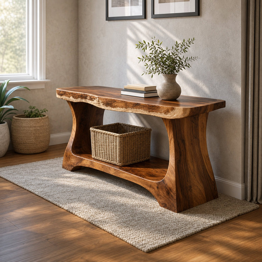 Rustic Modern Console Shelf With Arched Sculptural Base For Living Room Interior