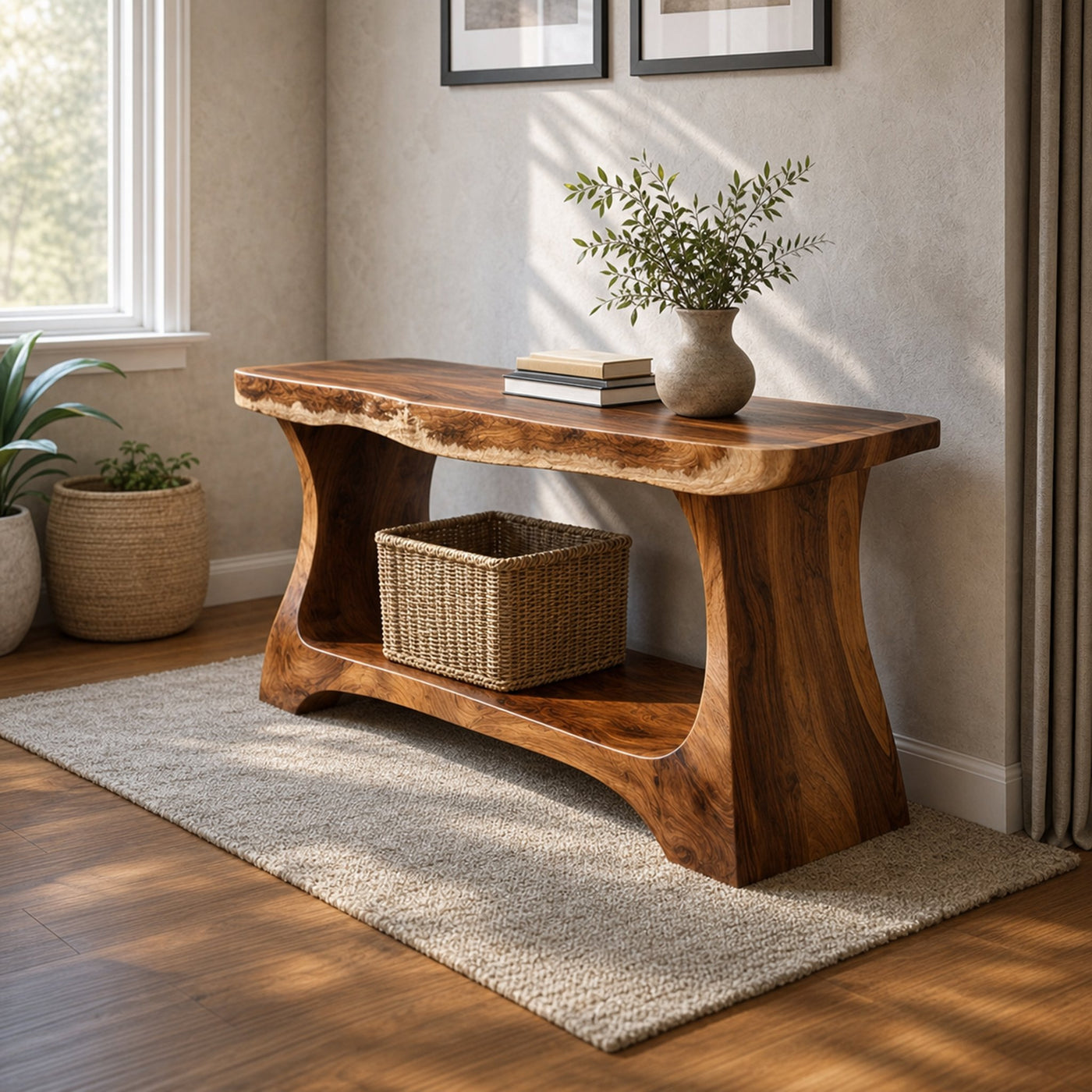 Rustic Modern Console Shelf With Arched Sculptural Base For Living Room Interior
