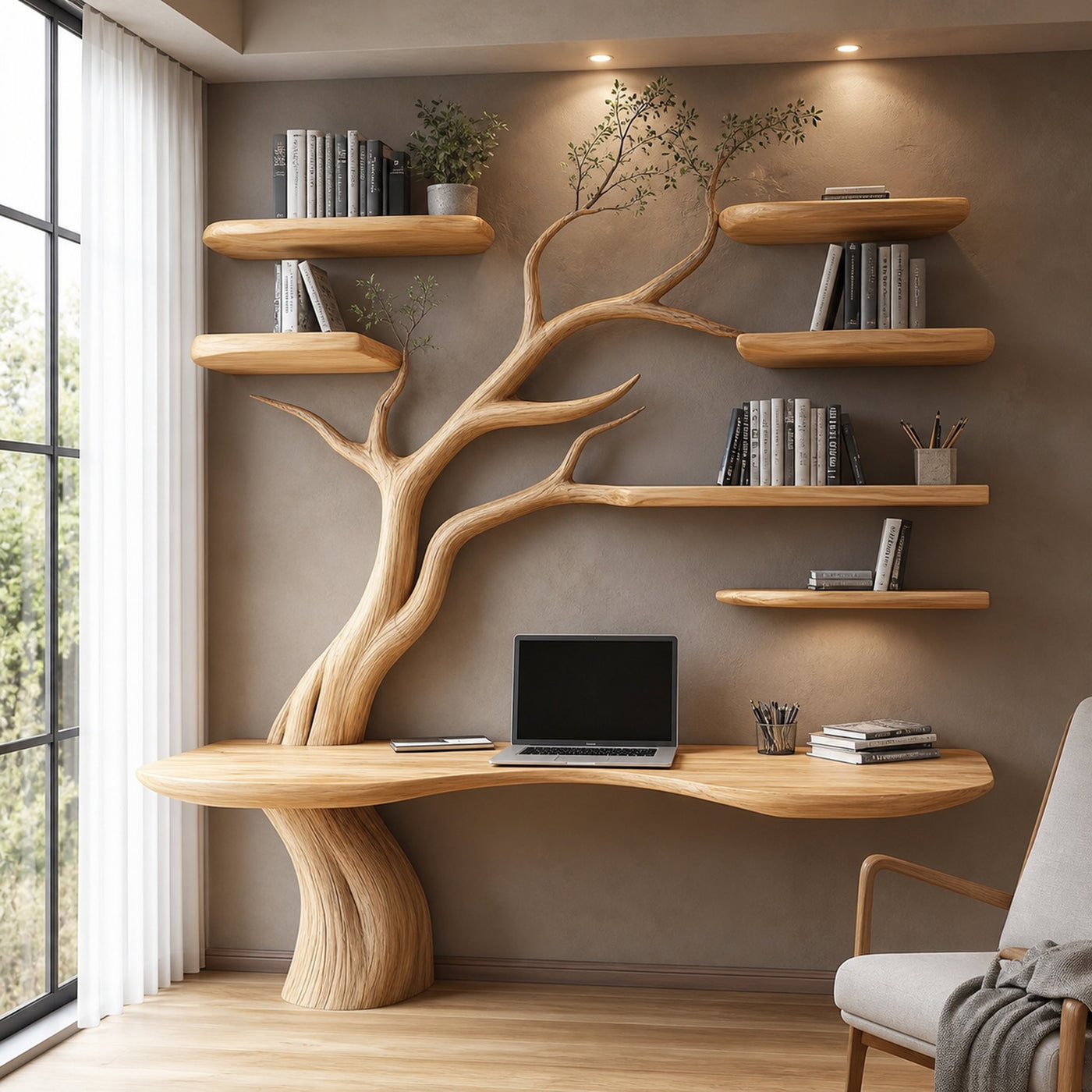 Rustic Narrow Floating Live Edge Side Table Tree Bookshelf Gift For Living Room