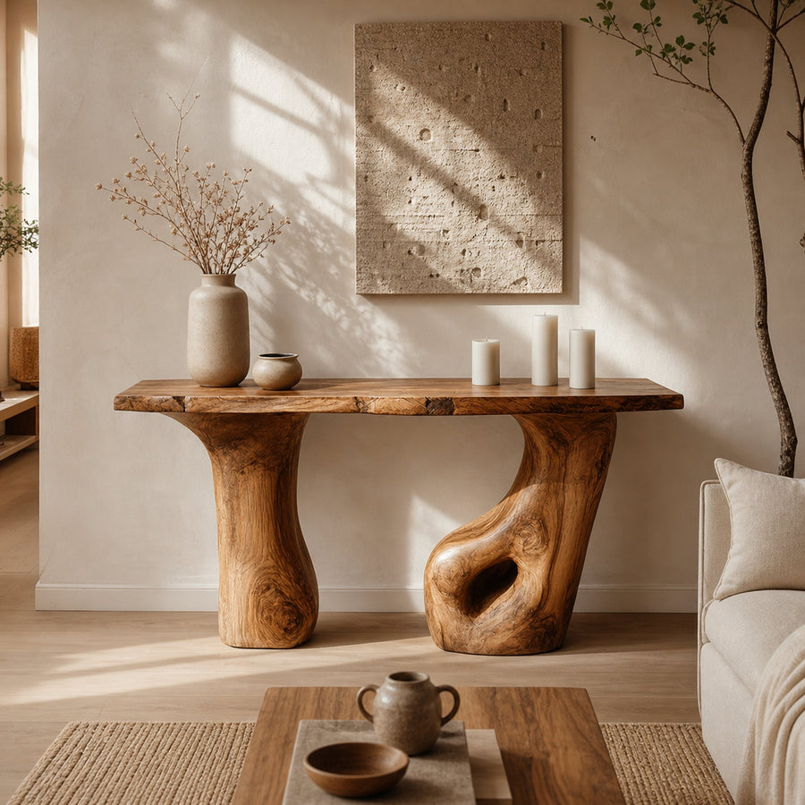 Rustic Nature Inspired Sculpted Console Living Room Interior Architectural Piece