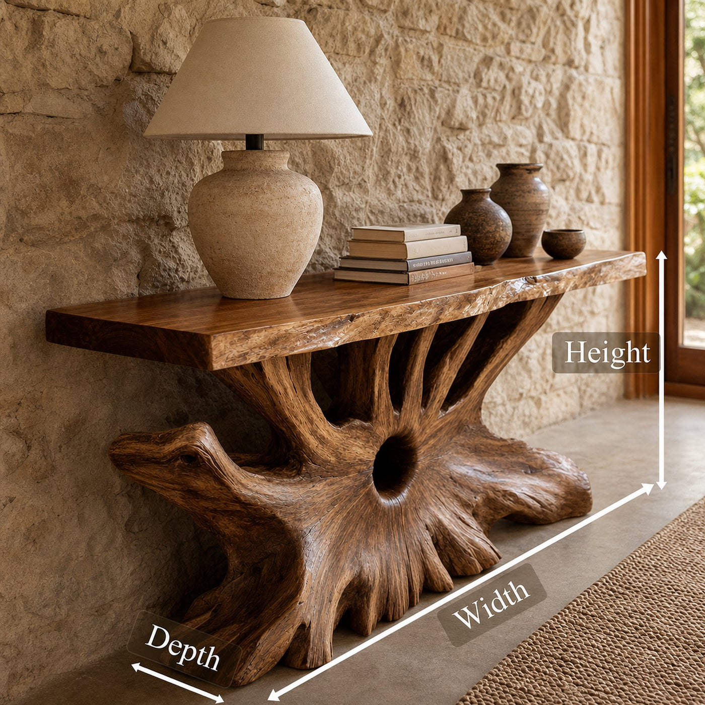 Rustic Organic Console Table Natural Wood Living Room Entry - product view 6