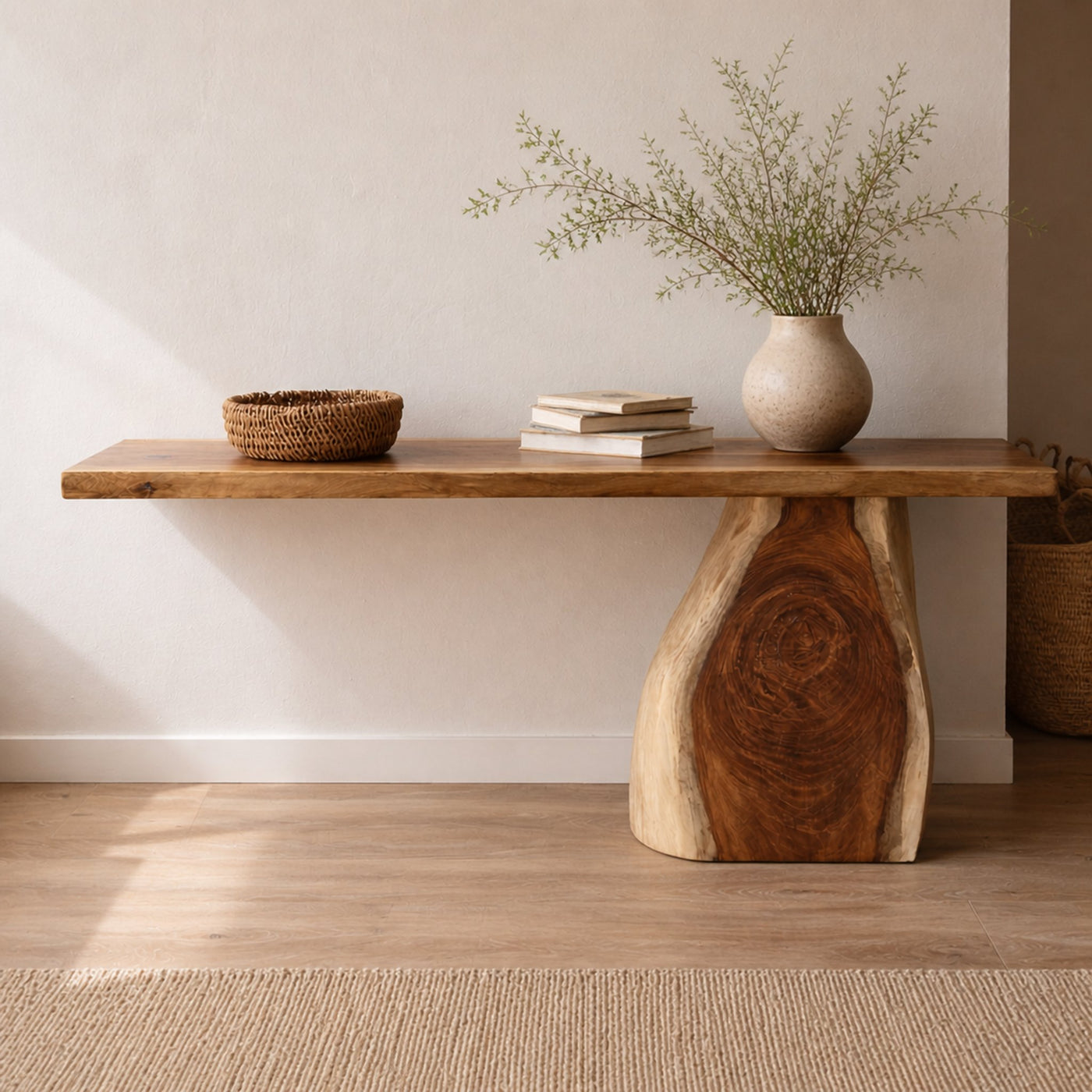 Rustic Organic Console Table Sculptural Leg For Living Room Decor