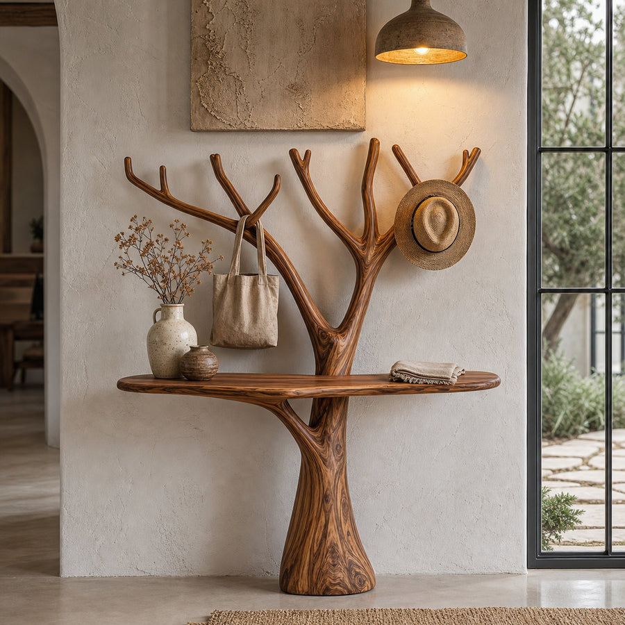 Rustic Organic Console Table With Tree Branch Wood Base For Living Room