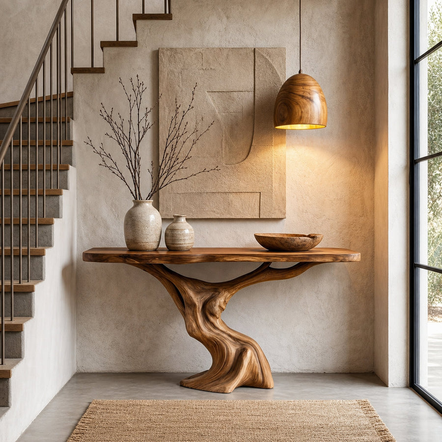 Rustic Organic Console Table With Unique Sculptural Tree Inspired Wood Base For Entryway And Living Room