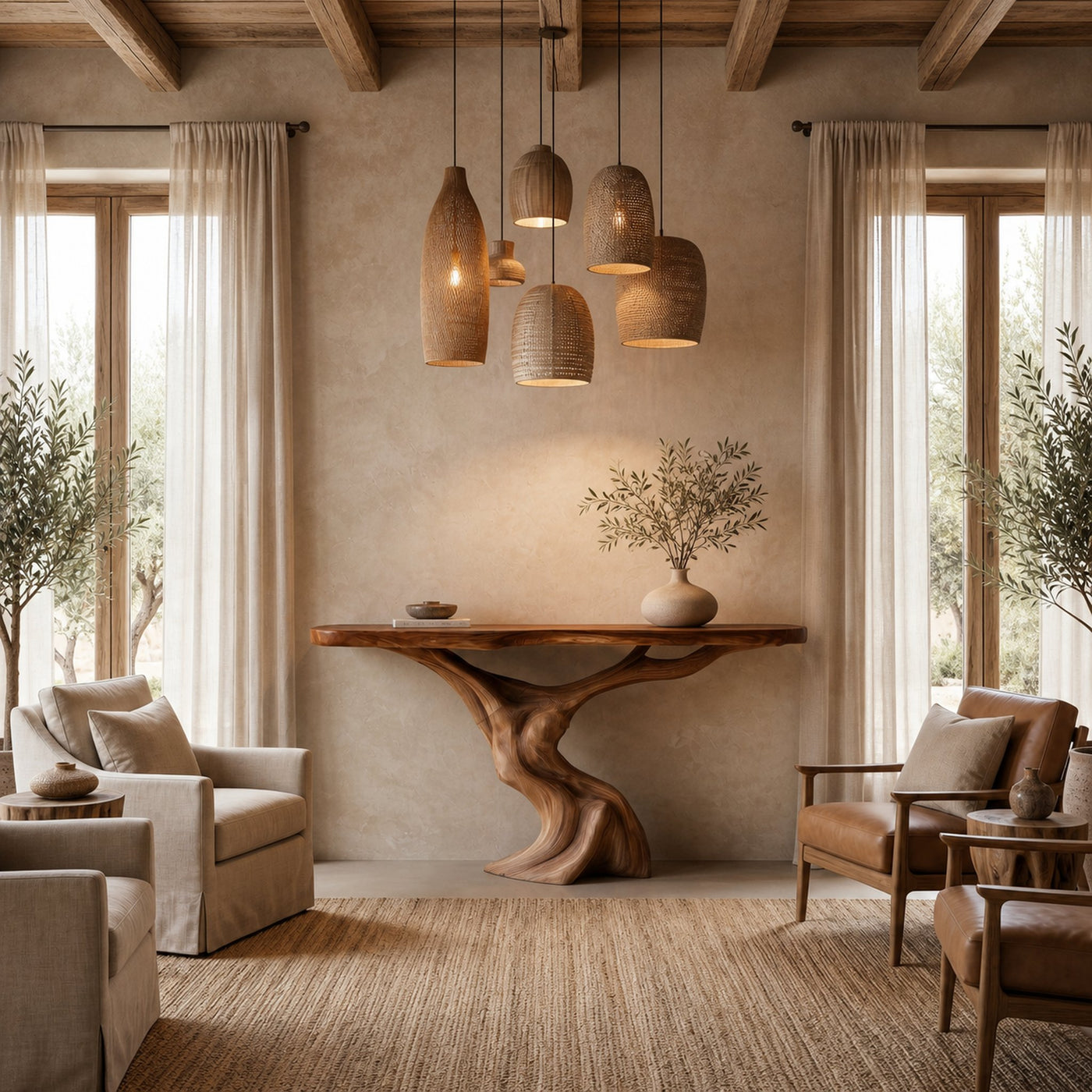 Rustic Organic Console Table With Unique Sculptural Tree Inspired Wood Base For Entryway And Living Room - product view 2