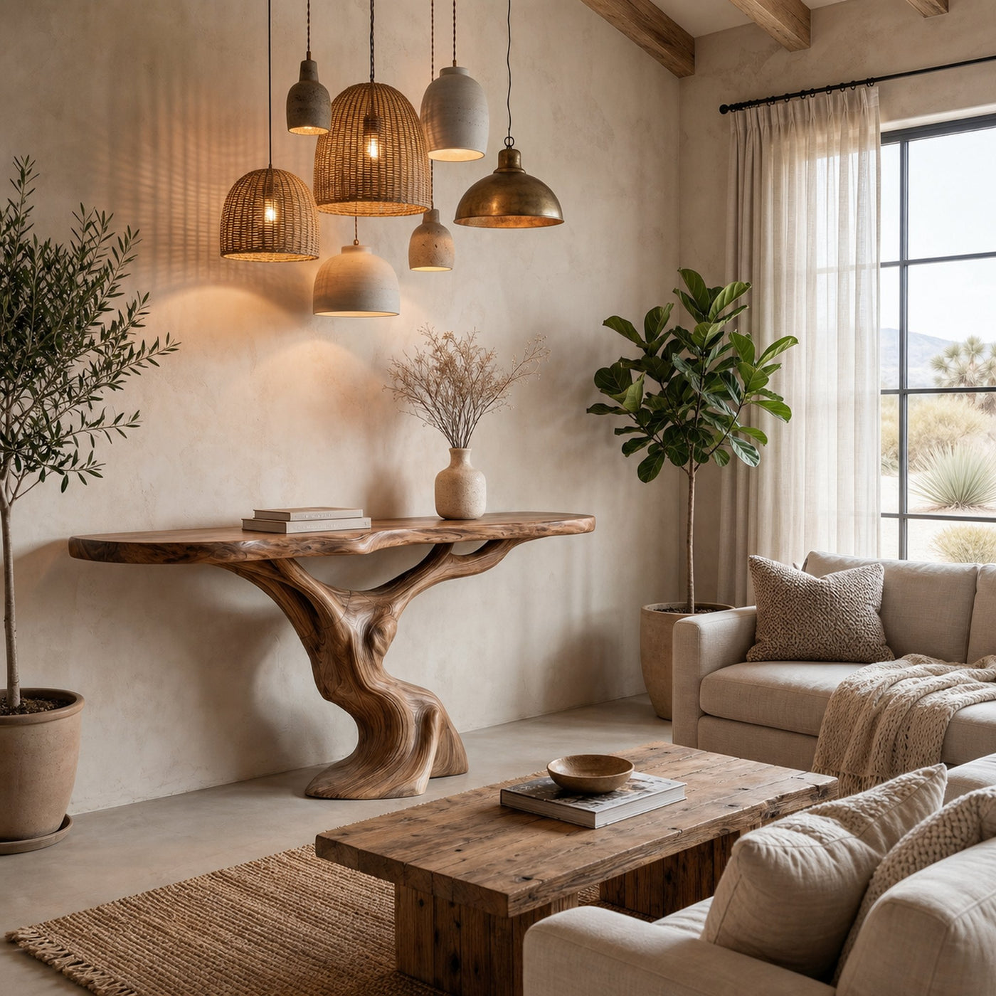 Rustic Organic Console Table With Unique Sculptural Tree Inspired Wood Base For Entryway And Living Room - product view 3