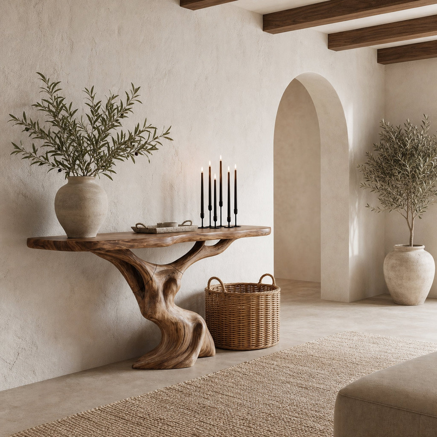 Rustic Organic Console Table With Unique Sculptural Tree Inspired Wood Base For Entryway And Living Room - product view 6