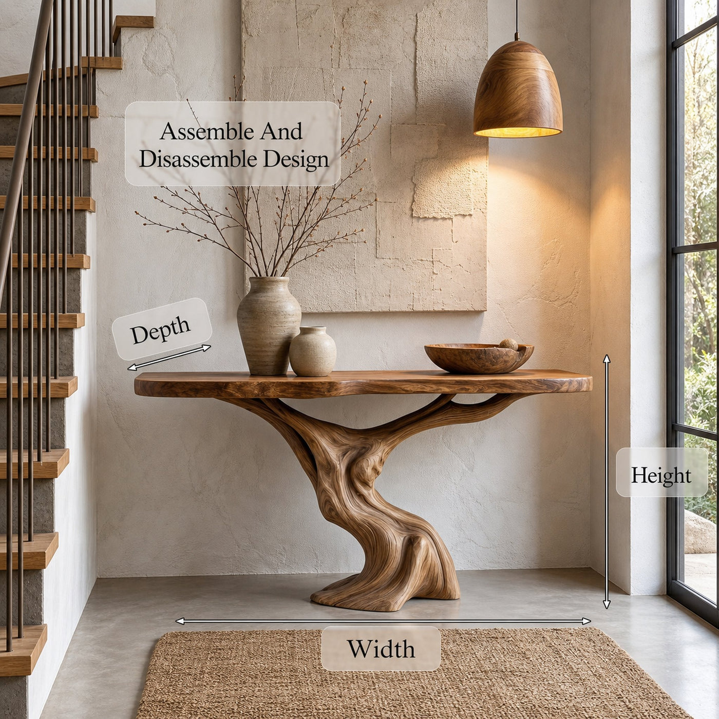 Rustic Organic Console Table With Unique Sculptural Tree Inspired Wood Base For Entryway And Living Room - product view 8
