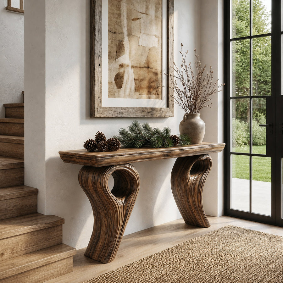 Rustic Organic Storage Console Table With Tree Inspired Base For Hallway And Living Room
