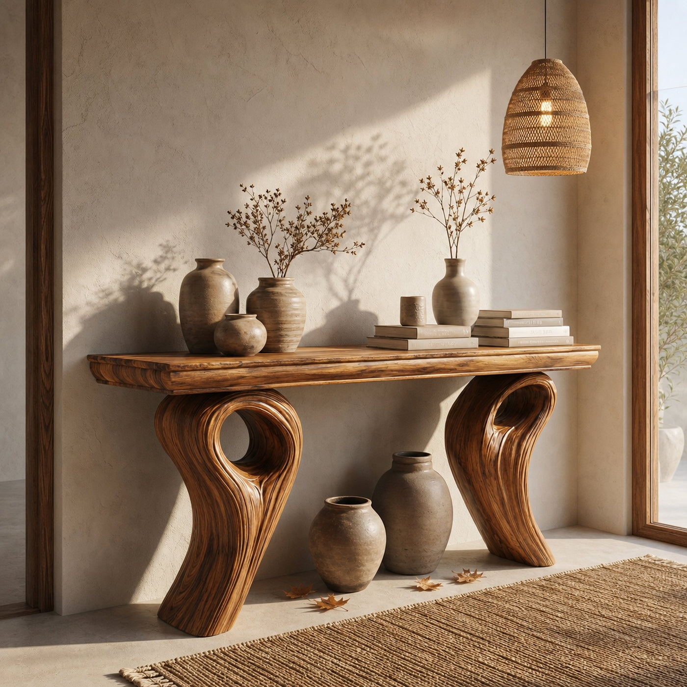 Rustic Organic Storage Console Table With Tree Inspired Base For Hallway And Living Room - product view 6