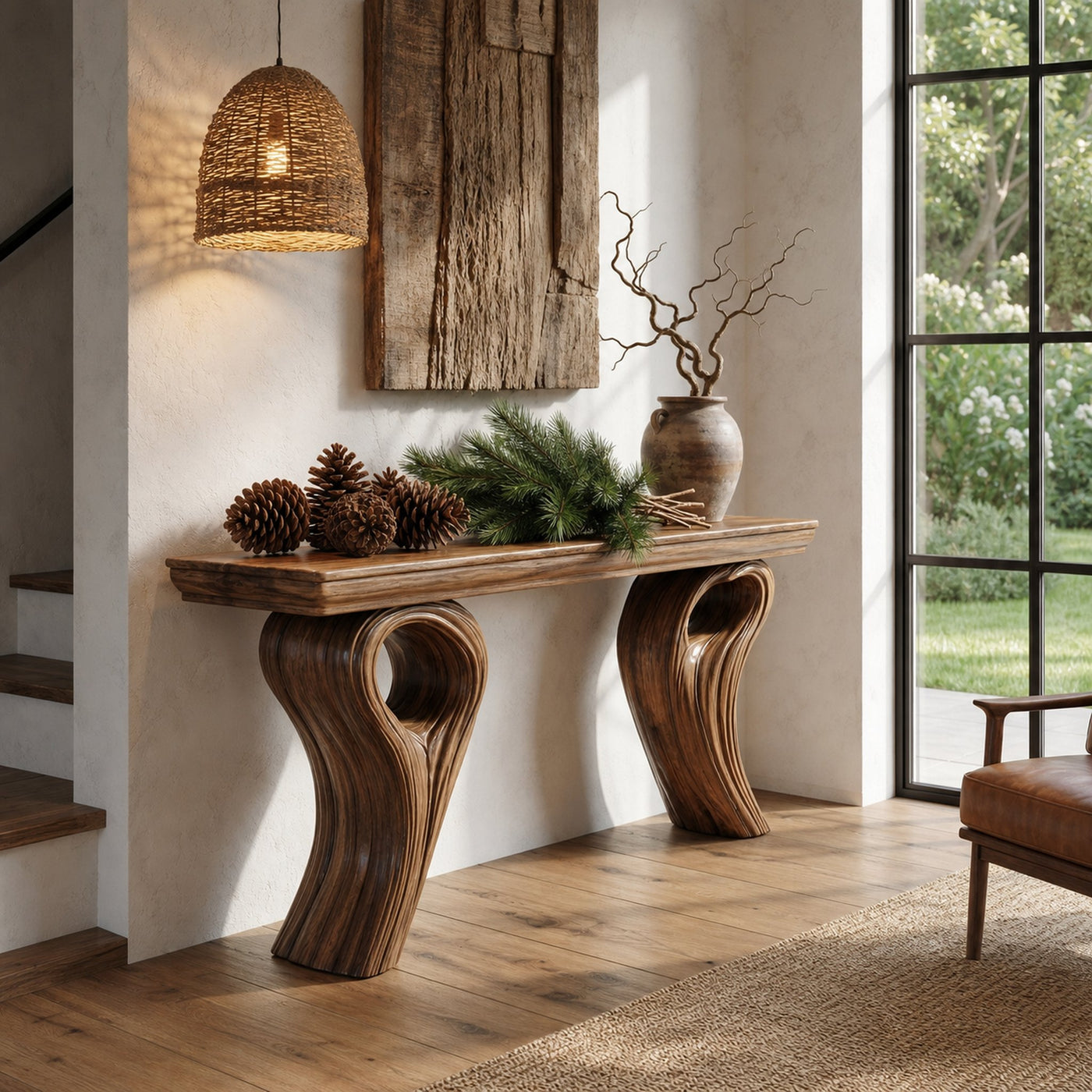 Rustic Organic Storage Console Table With Tree Inspired Base For Hallway And Living Room - product view 7