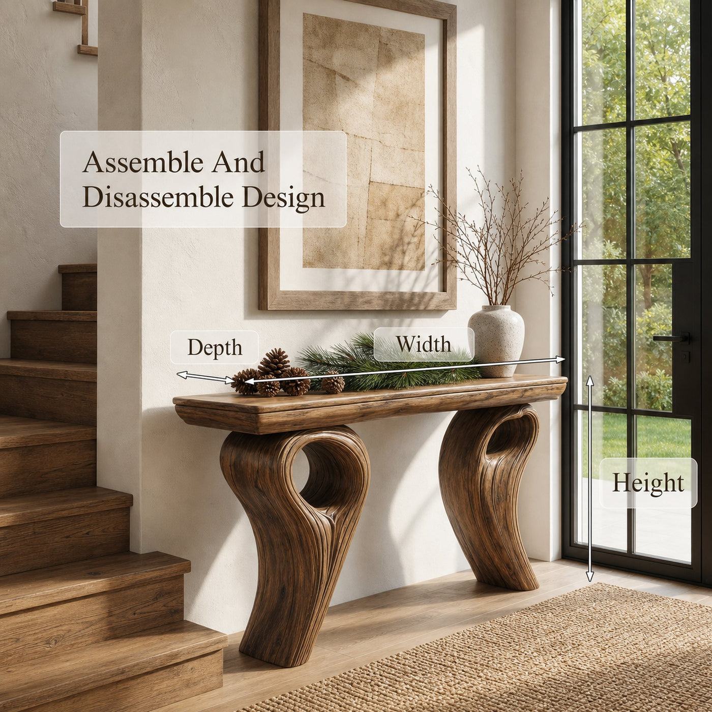 Rustic Organic Storage Console Table With Tree Inspired Base For Hallway And Living Room - product view 8