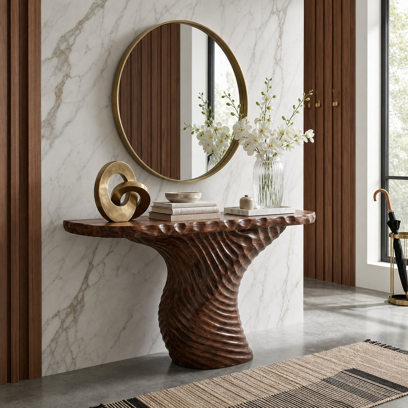 Rustic Ribbed Sculptural Console Table Sofa Back Living Room