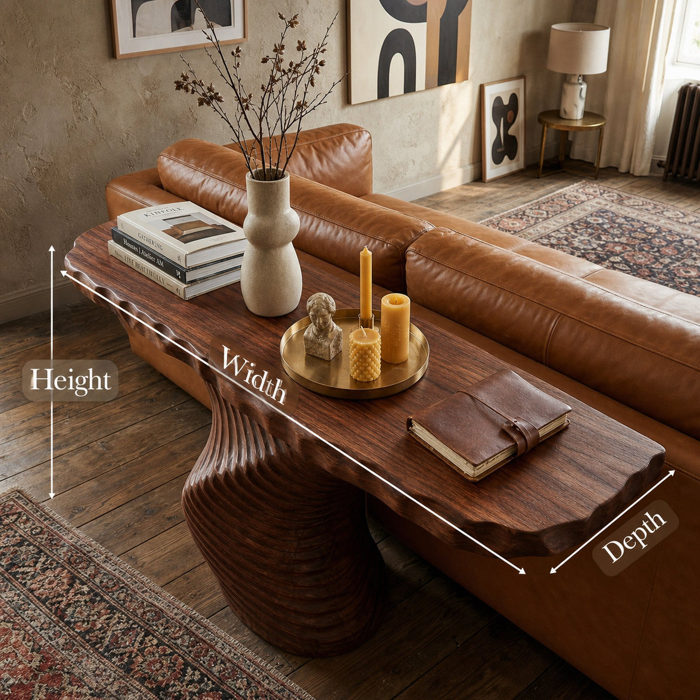 Rustic Ribbed Sculptural Console Table Sofa Back Living Room - product view 6