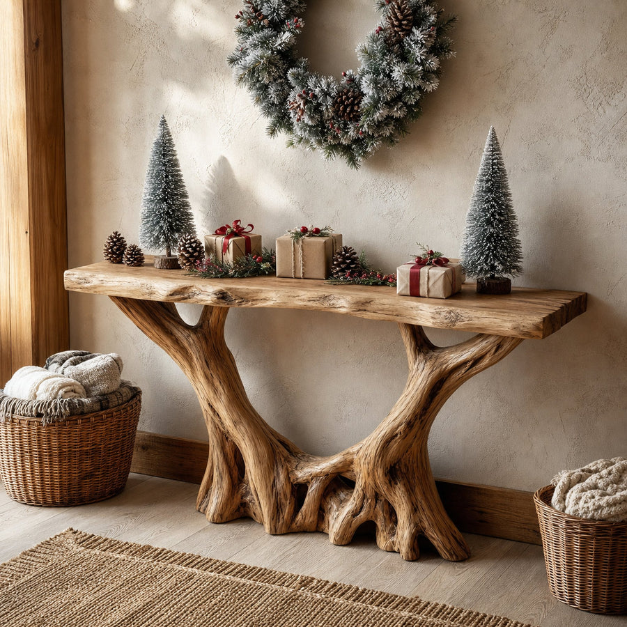 Rustic Sculptural Console Table Holiday Decor Living Room